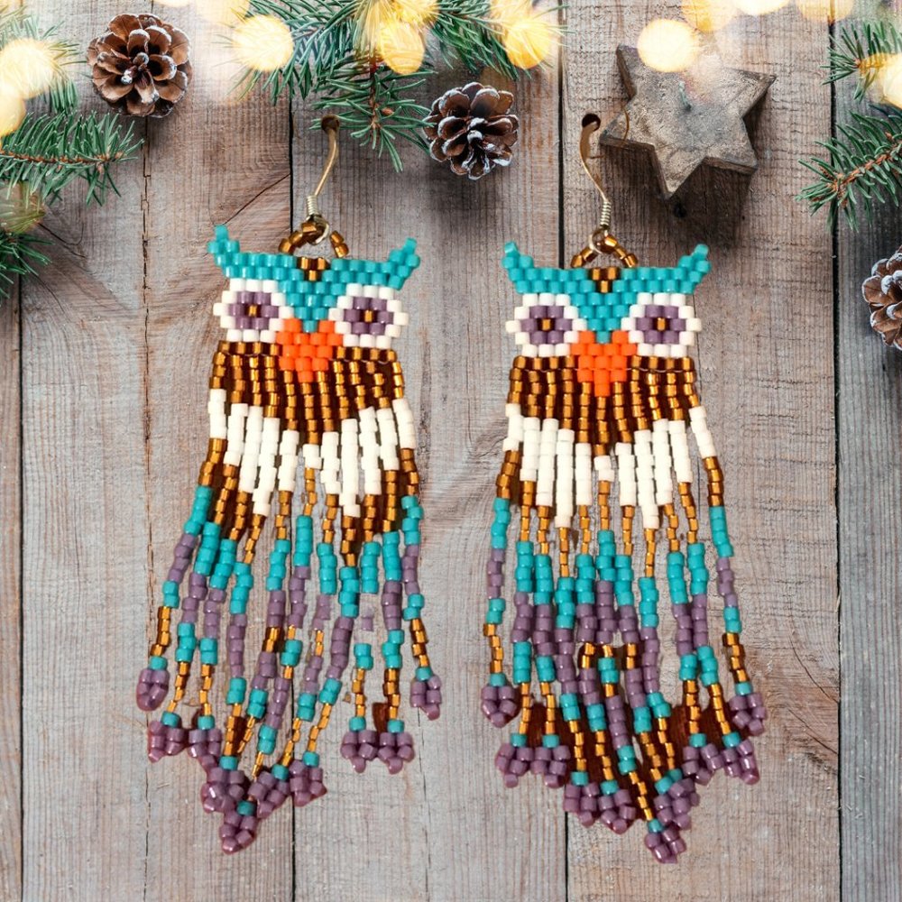 Handcrafted Miyuki Glass Beaded Brick Stitch Fringed Owl Earrings